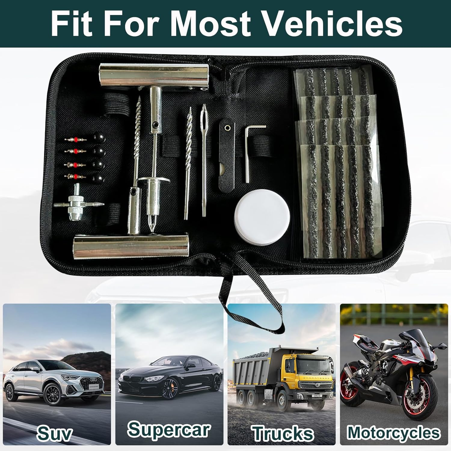 Universal Tire Repair Kit, 37PCS Tire Repair Tools, Heavy Duty Car Emergency Tool Kit for Flat Tire Puncture Repair, Tire Plug Kit Fit for Car, Motorcycle, Jeep, RV, ATV, SUV, Truck, Lawn Mower, Etc. image number 3