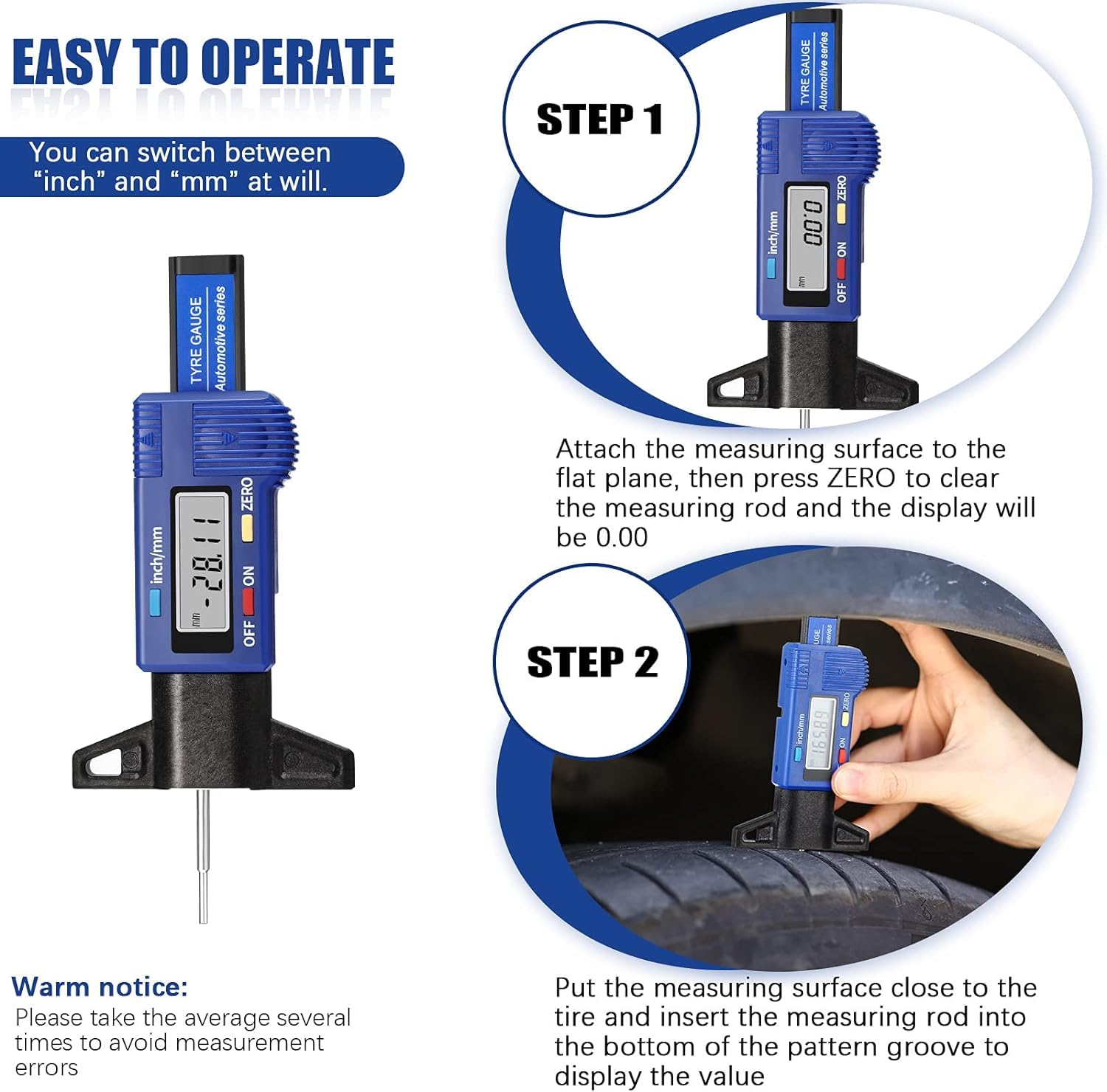 Tire Tread Depth Gauge, LCD Digital Tire Wear Gauge Tread Checker with Inch and MM Conversion Tread Checker Tire Tester for Cars Motorcycle Trucks Vans SUV (Blue) image number 2
