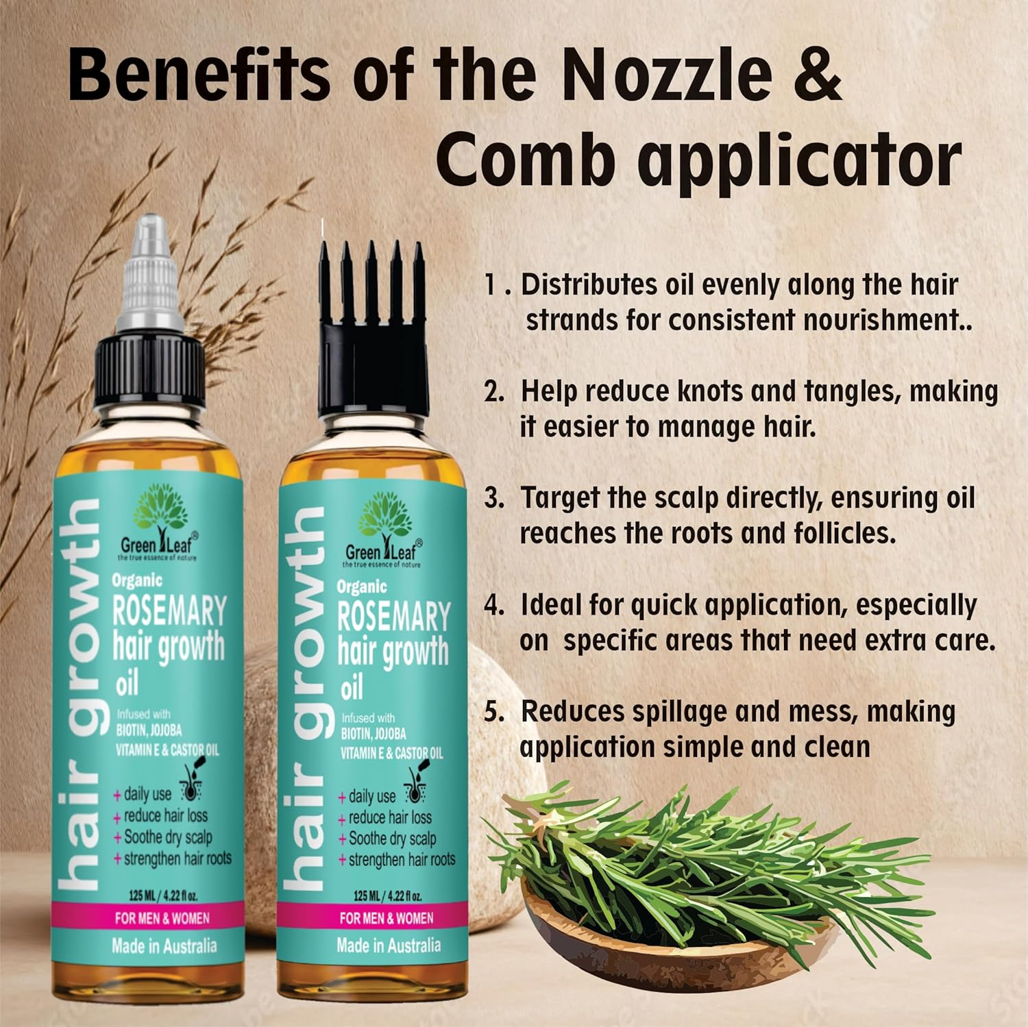 Organic Rosemary Hair Oil, Infused with Biotin, Jojoba, Argan, and Almond Oil for Hair Strengthening Nourishing, Volumizing, for All Hair Types, Non GMO| 125 ML. image number 3