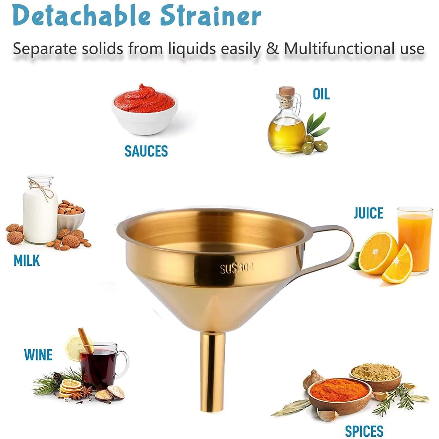 Stainless Steel Funnel Set Gold Kitchen Funnel Small Home Funnel 5 Inch Food Grade Metal Funnel with 2 Pcs Detachable Filter and 1 Pcs Cleaning Brush Perfect for Transfer Liquids and Powders -Gold image number 5