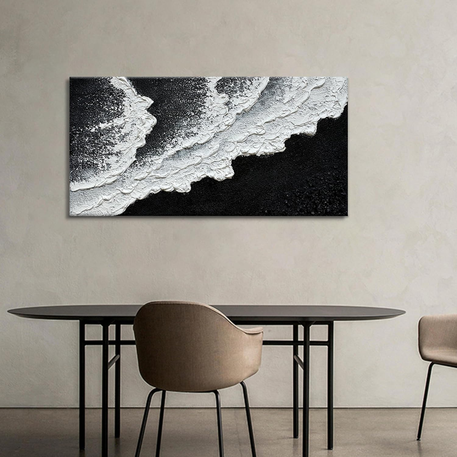 Black and White Beach Wave Textured Wall Art 3D Oil Painting Hand Painted Abstract Canvas Framed 40X20 Inch Acrylic Painting image number 1