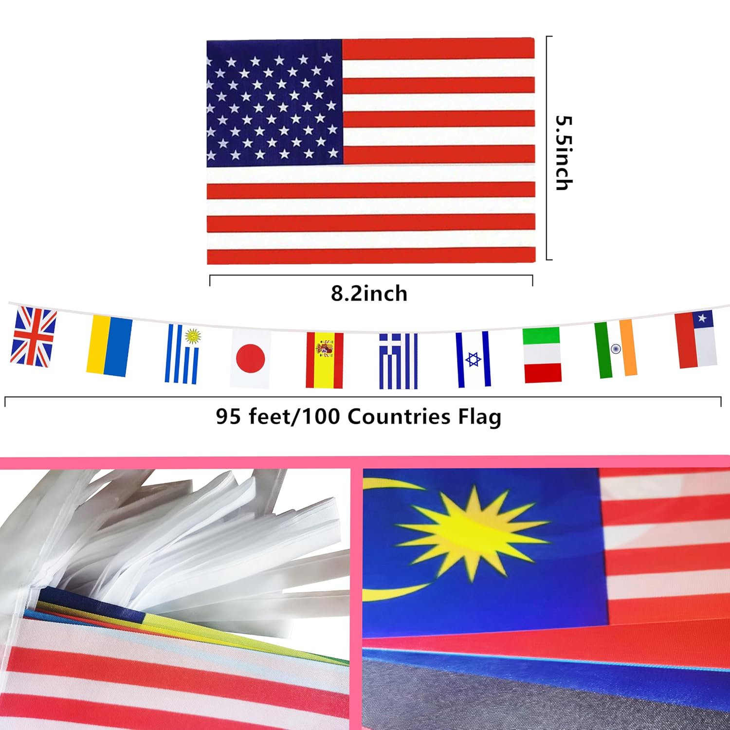 100 Countries International String Flag,World Country Flags Bunting Banner,Small Mini National Bunting Flags Banner Decoration for School, Sports Events, Grand Opening, Party(95Ft)