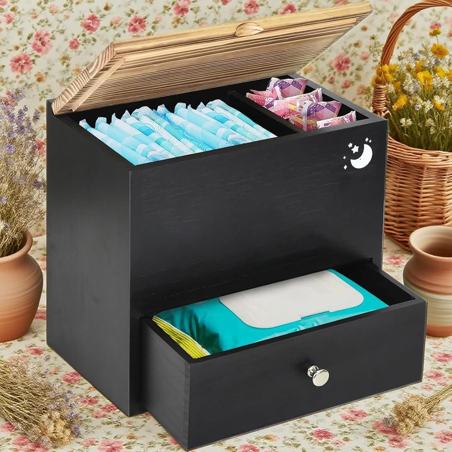 Tampon Holder for Bathroom, Period Box Sanitary Products Organiser with Lid, Wooden Feminine Box with Drawers, for Bathroom Decoration and Storage image number 4