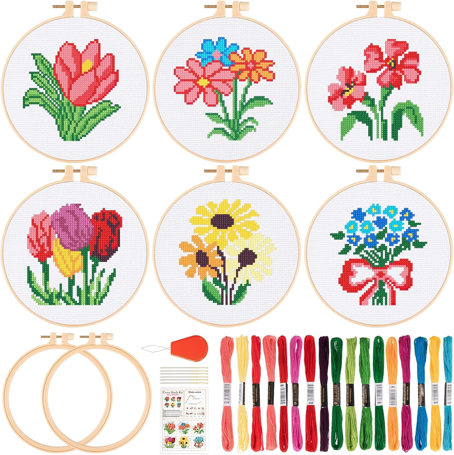 JSRQT 6Pcs Flower Cross Stitch Starter Kit for Beginners, DIY Art Sewing Embroidery Kit for Adults and Kids, Needlepoint Embroidery Kit with 2 Embroidery Hoop for Craft Lovers Embroidery Supplies