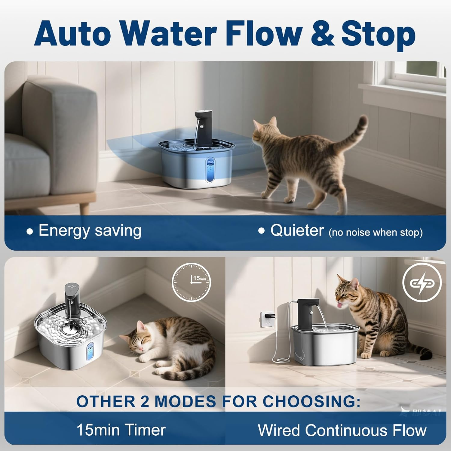 Wireless Cat Water Fountain Stainless Steel 304 + 4 Filters 108Oz 3.2L 5000Mah Rechargeable Battery Operated Cat Water Fountain Cordless, Automatic Pet Dispenser with Motion Sensor for Cats Dogs image number 2