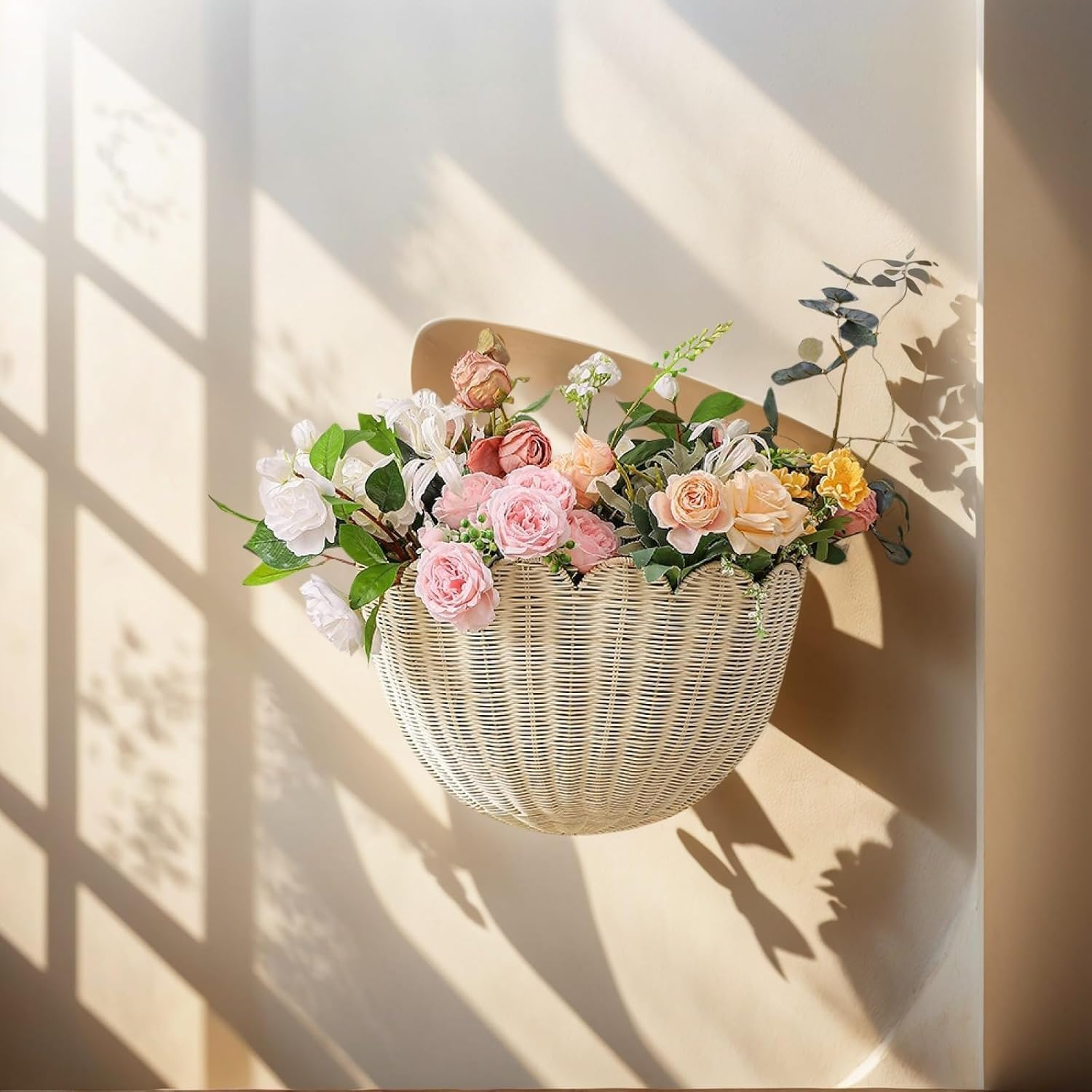 Yharnamite Wicker Hanging Basket, Rustic Scalloped Wall Hanging Woven Baskets for Kitchen, Bathroom, Living Room, Bedroom, 16X7X10 Inch image number 5