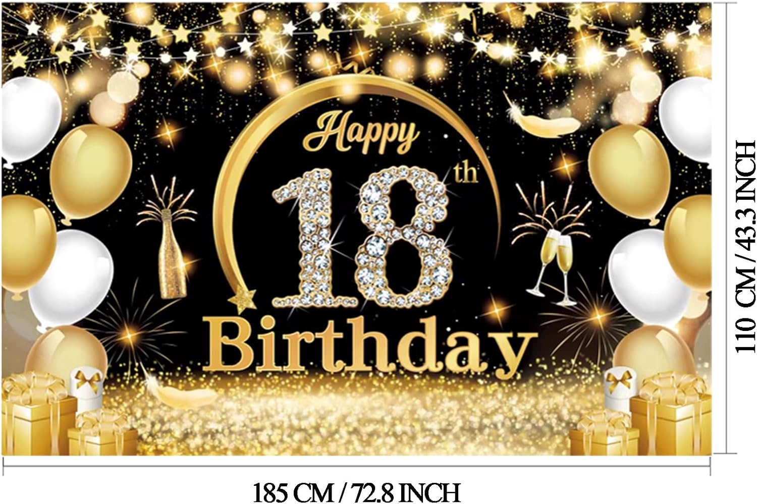 Happy Birthday Banner Backdrop Extra Large (185 X110Cm) Black Gold Theme Birthday Party Background Decorations Supplies for Boys Girls Indoor (18Th) image number 1