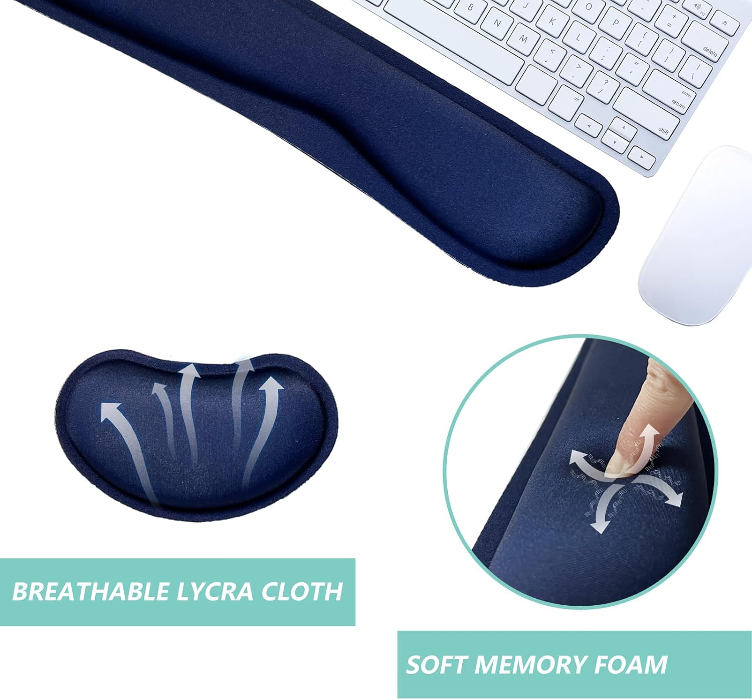 Keyboard Wrist Rest Mouse Wrist Support Set, Memory Foam Wrist Rest Pad for Computer Laptop Keyboard Mouse, Ergonomic Wrist Cushion Support for Typing Pain Relief, Gaming Home Office, Navy Blue - Black image number 2