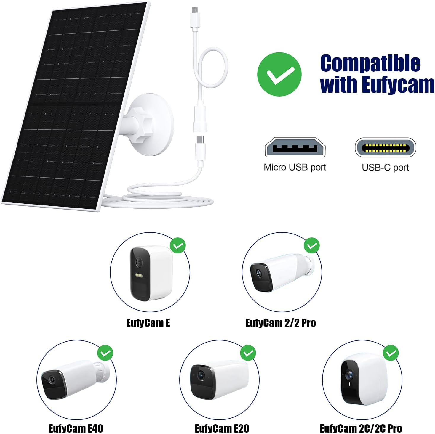 VUEBEE 7W Solar Panel for Eufycam, USB Solar Panel with USB-C Port, IP65 Waterproof, 360&deg; Adjustable Bracket, White, Classic image number 6