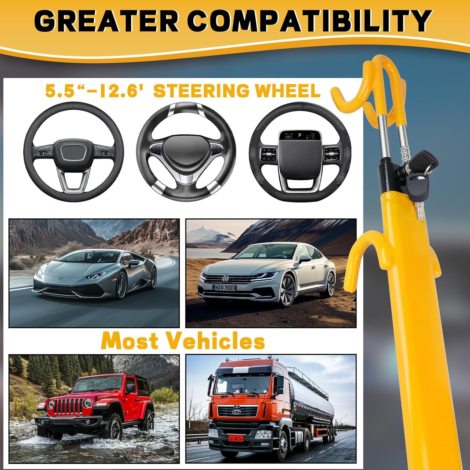 Steering Wheel Lock, Heavy Duty Anti-Theft Security Device for Cars, Adjustable Length Clamp, Double Hook Lock, Suitable for Multiple Car Models image number 4