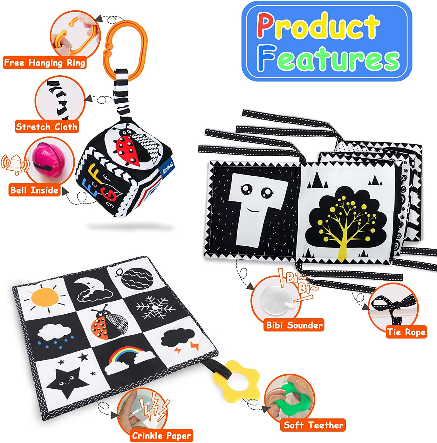 KUANGO 3 PCS Black and White High Contrast Baby Toys 0-3 Months for Newborn, Montessori Toys for Babies Sensory Soft Book for Early Education, Infant Tummy Time Toys 0 6 9 Months Baby Gifts image number 1