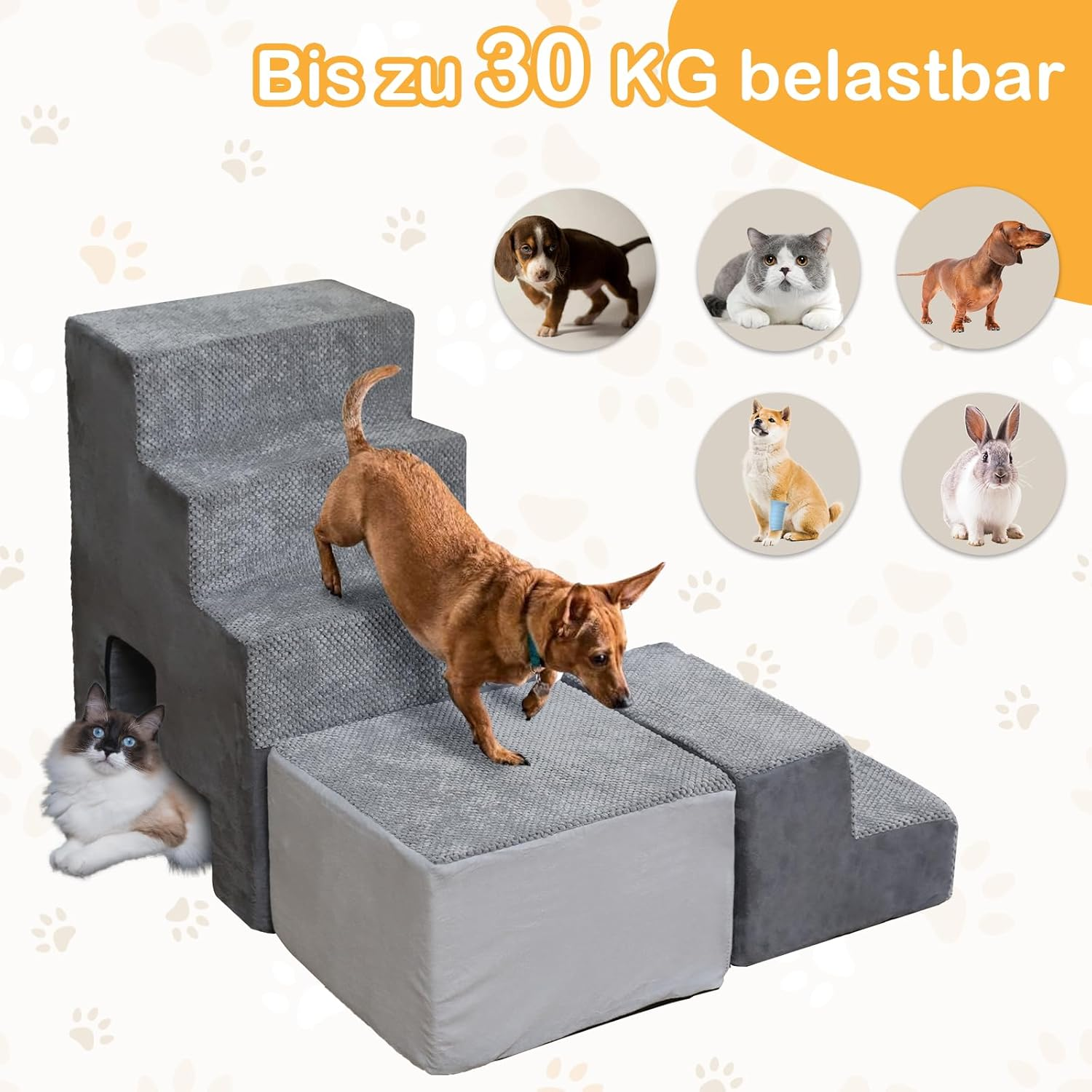 A.FATI Dog Stairs for Bed 60 Cm High, 5 Steps Dog Ramp for Box Spring Bed, Non-Slip Pet Stairs 60 Cm High for Small/Injured Dogs, Cats, Cat Stairs for Old Cats, Colour in Grey image number 2