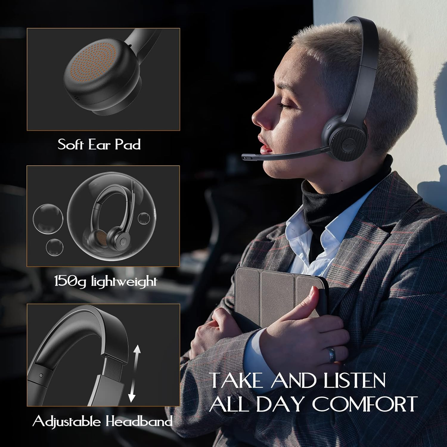 EKSA Wireless Headset, Bluetooth 5.2 Headset with Noise Cancelling Microphone & USB Dongle, 55H Playtime on Ear Headphone for Home Office, Remote Work, Call Center, Suitable for Phone PC Laptop Tablet image number 6