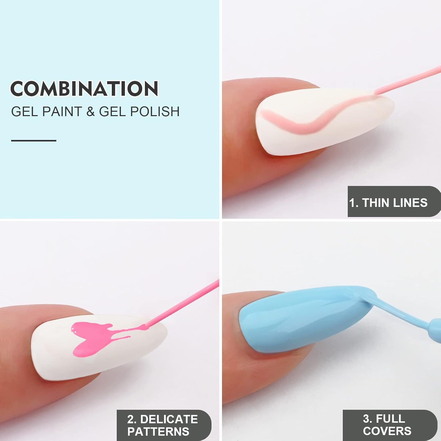 Kredioo Gel Nail Polish Liner Art Kit-12 Colors Pastel Nails Paint Polishes Soft Pink Baby Blue Easter Egg Bunny Design, UV Lamp Needed Soak-Off Gel Pen with Thin Brush for Home Manicure Salon Quality image number 4