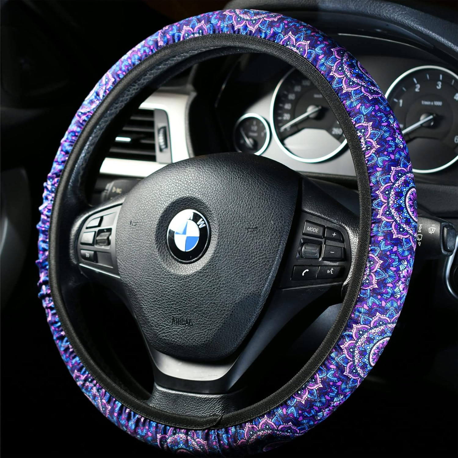 4 Pieces Mandala Purple Lotus Steering Wheel Cover Set with 2Pcs Car Cup Coasters & Quarter Keyring, Cute and Fashionable Non-Slip Purple Steering Wheel Cover, Universal Fit 14-15.5 Inches