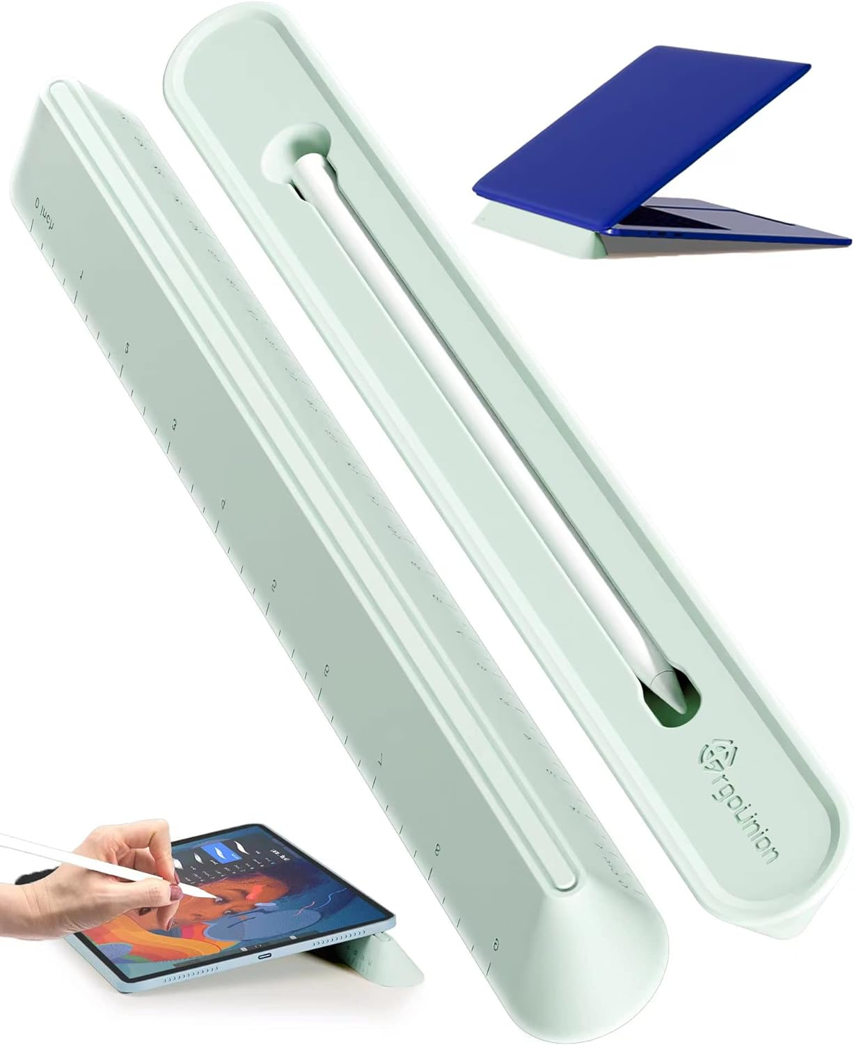 Ergounion 3 in 1 Silicone Laptop Stand for Desk - Keyboard Riser for Ergonomic Typing/Reading, Portable Laptop Cooling Stand, 9"/24Cm Measurable Pencil Case Holder- Oval Base, Macaron Green