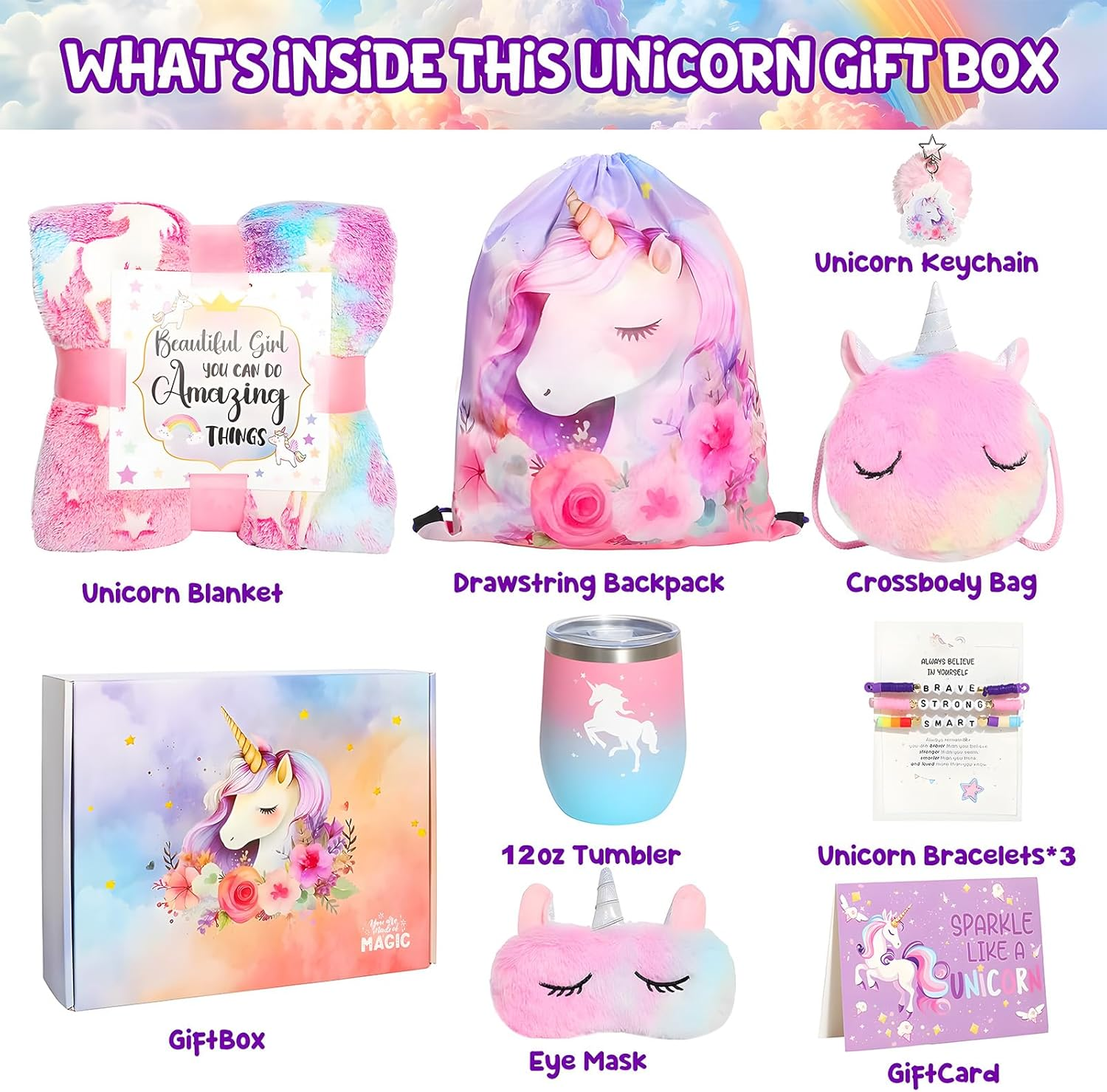 MAKTOR Unicorn Gift Set for Girls Ages 3+, Includes Glow Blanket, Water Bottle, Crossbody Bag Eye Mask, Drawstring Bacpack & Bracelets, Perfect for Birthdays, Holidays, Special Occasions