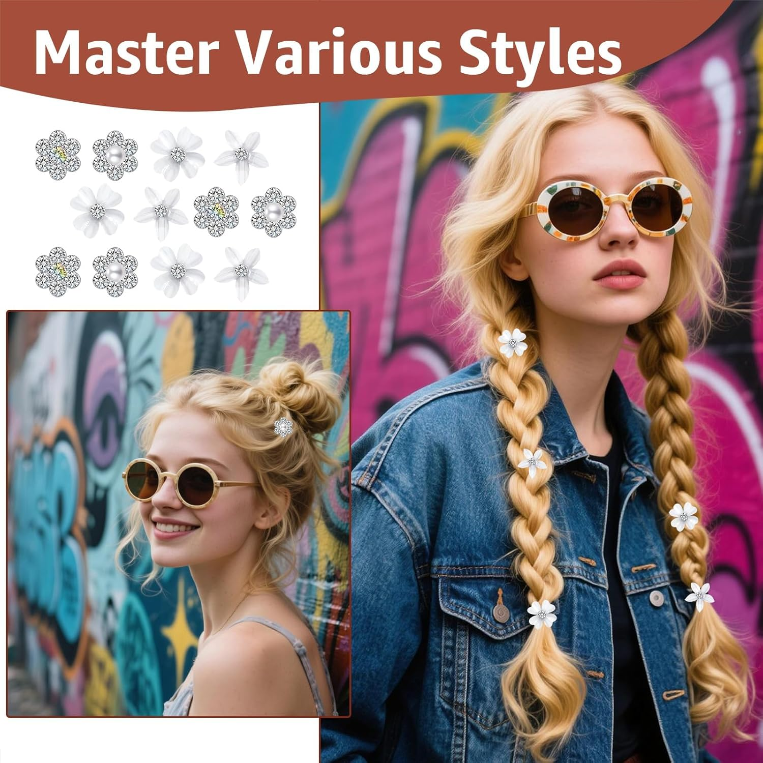 Pack of 24 White Small Flowers Hair Clips, Mini Cute Rhinestone Metal Hair Pins for Women, Decorative Hair Clips Flowers Hair Accessories for Girls Ladies Bridal Hair Clips (4 Floral Patterns) image number 2