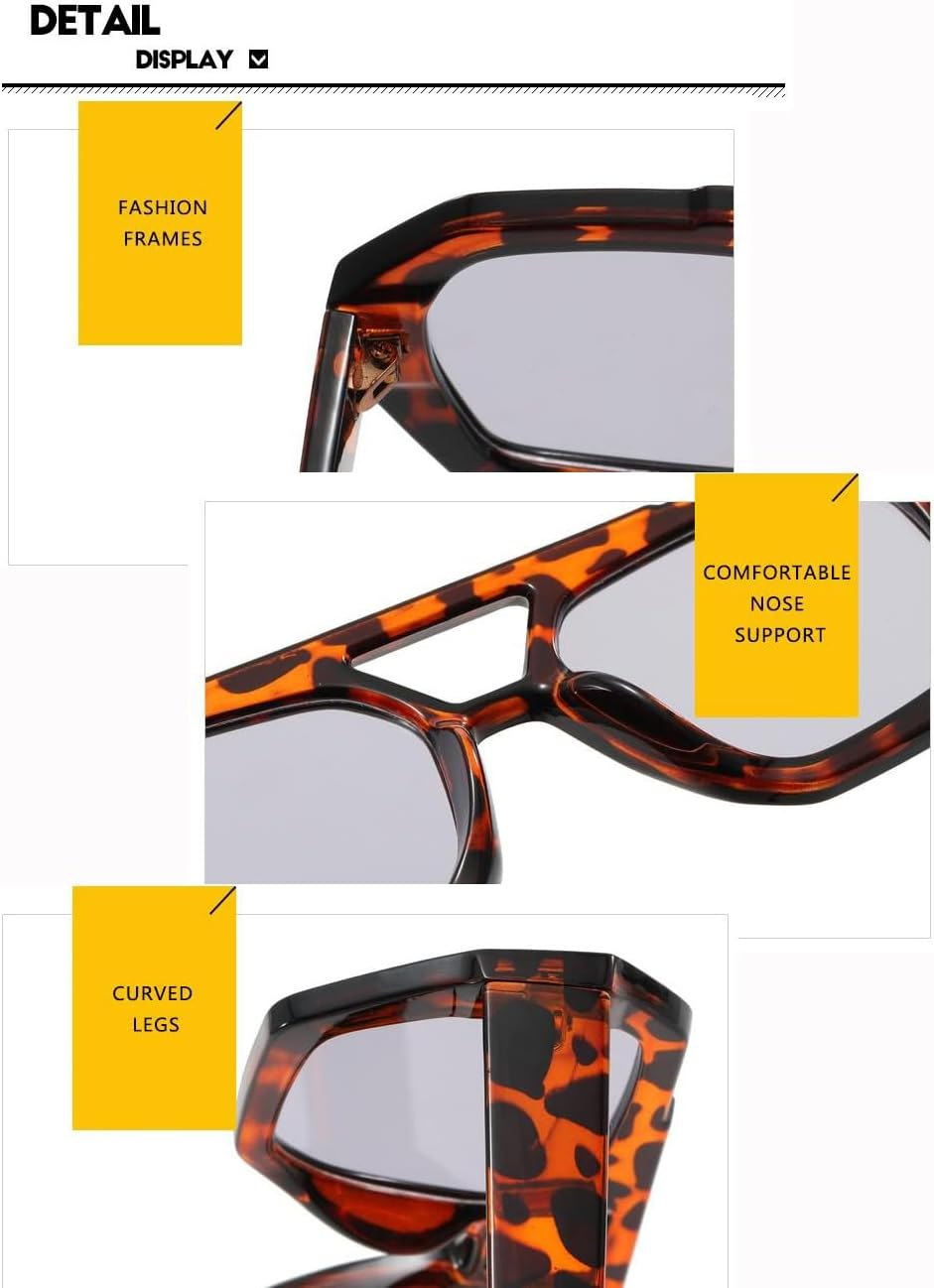 BAODAREN Trendy Aviator Sunglasses for Women Men Hexagonal Square Thick Frame Double Bridge Sun Glasses Shades BS1300 - Black/Grey image number 4