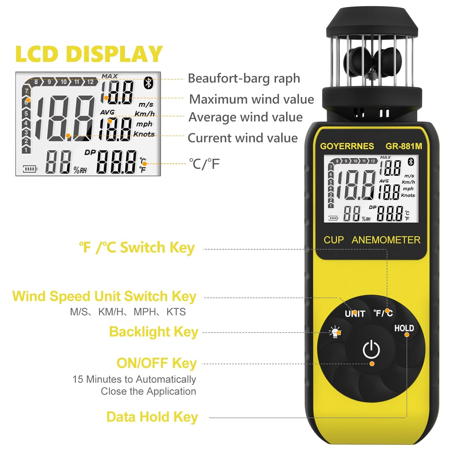 Handheld Cup Anemometer with Compass, 93MPH Digital Wind Speed Meter, CFM Air Flow Wind Velocity Measuring Device Gauges for Outdoor Sailing Surfing Drone Flying HVAC - Yellow image number 4