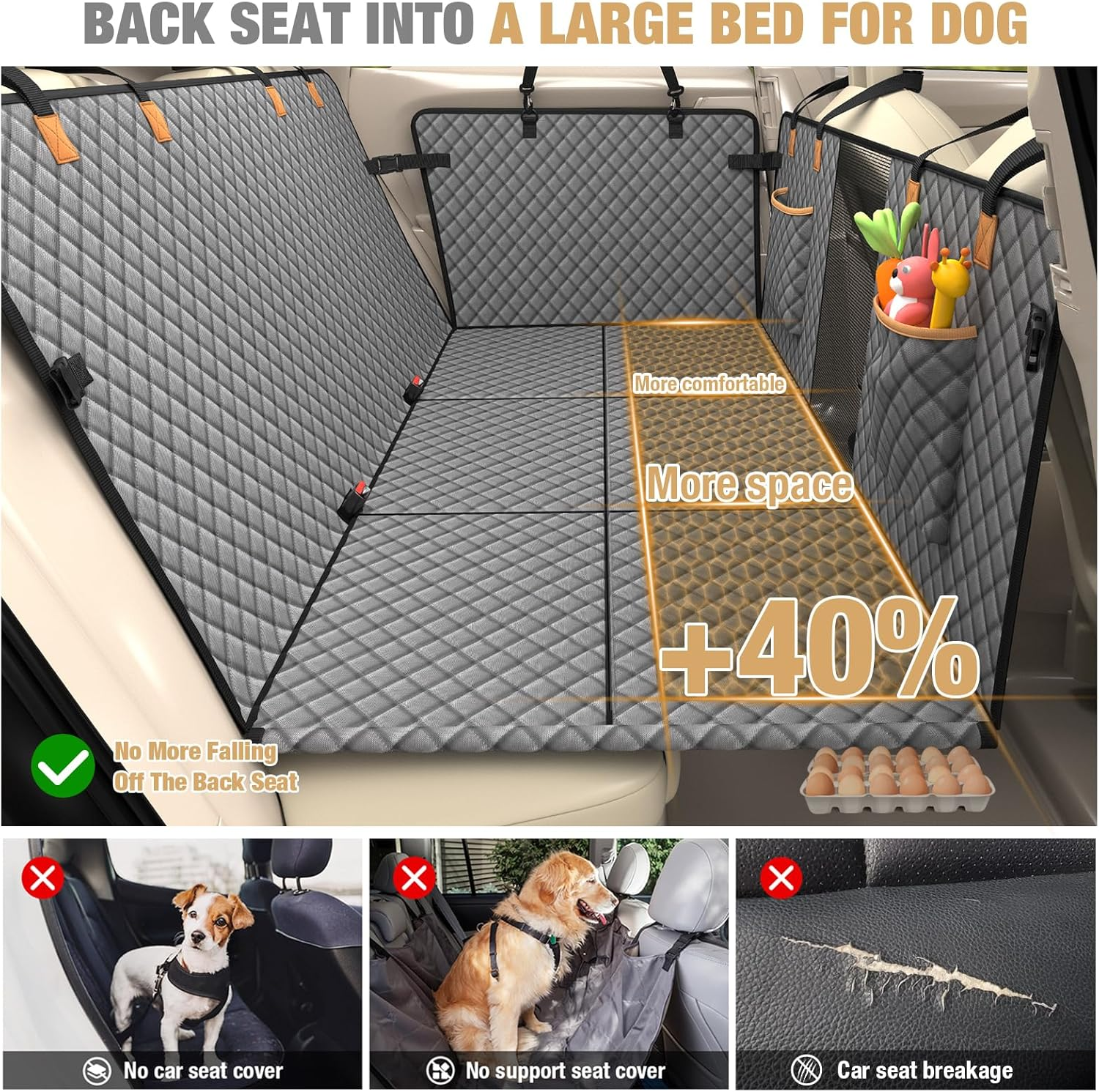 Lekereise Dog Car Seat Cover for Back Seat,Hard Bottom Dog Hammock for Car,Camping Air Mattress, Hammock Travel Bed for Car SUV Truck (Grey)