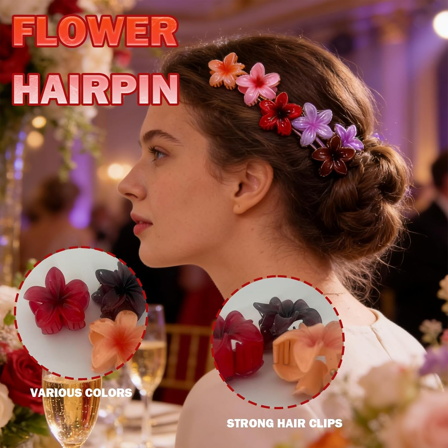 FISH DRAGATE Pack of 12 Flower Hair Clips, Flower Hair Clips, Hair Clips, 6 Colours, Women'S Accessories, Flower Hair Clip, for Girls, Wedding, Party image number 5