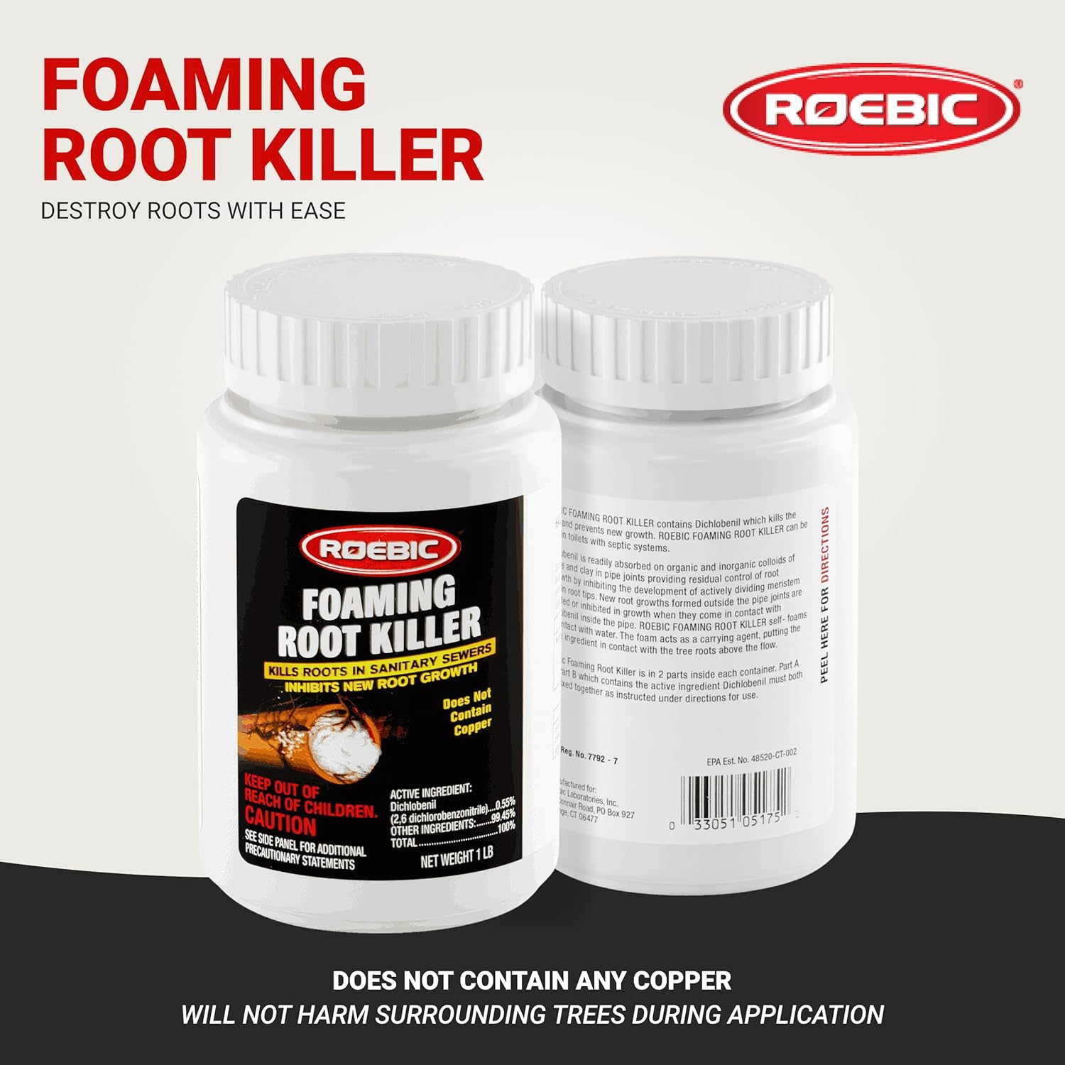 Roebic FRK-1LB Foaming Root Killer: Clear Pipes, Stop New Growth, Safe for All Plumbing - 1Lb, White, Granules image number 2