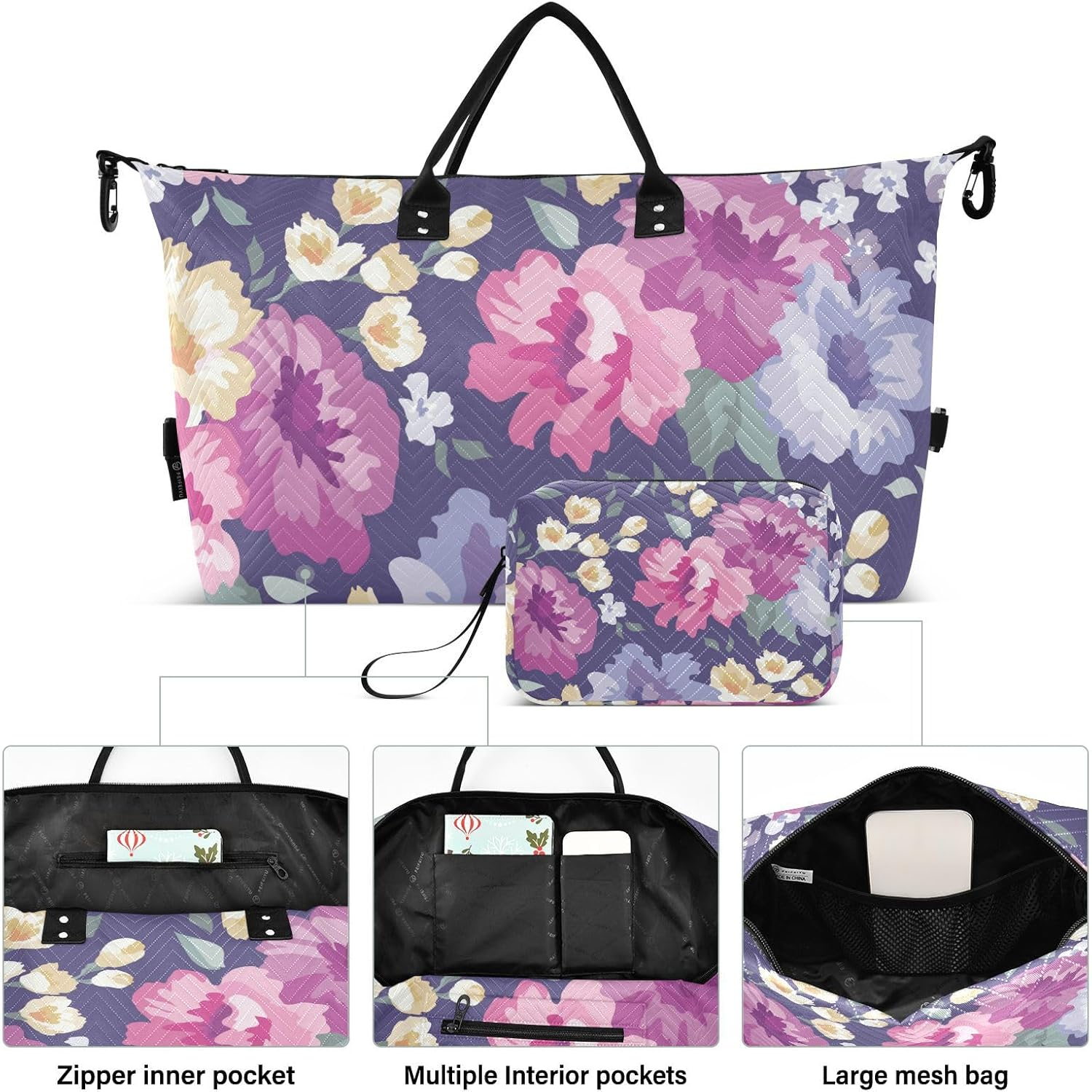 Overnight Travel Duffel Bag Weekender Bag Flowers Floral Farmhouse Eclectic Large Gym Bag with Toiletry Bag For, Flowers Floral Farmhouse Eclectic, Set of 2, Art Deco image number 6