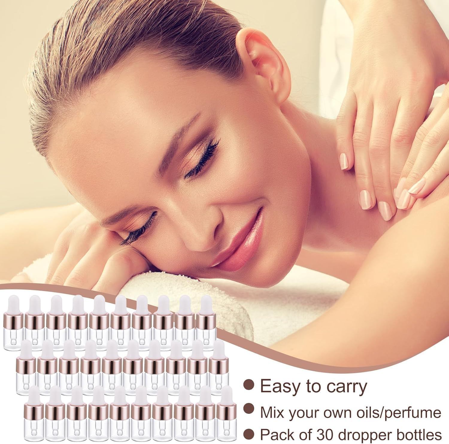 Dropper Bottle,30 Pack Mini Dropper Bottle for Cuticle Oil with 3 Dropper Pipettes, 2Ml Small Sample Essential Oil Dropper Bottles for Travel, Clear Empty Vails for Cosmetic Perfume（Rose Gold） image number 4