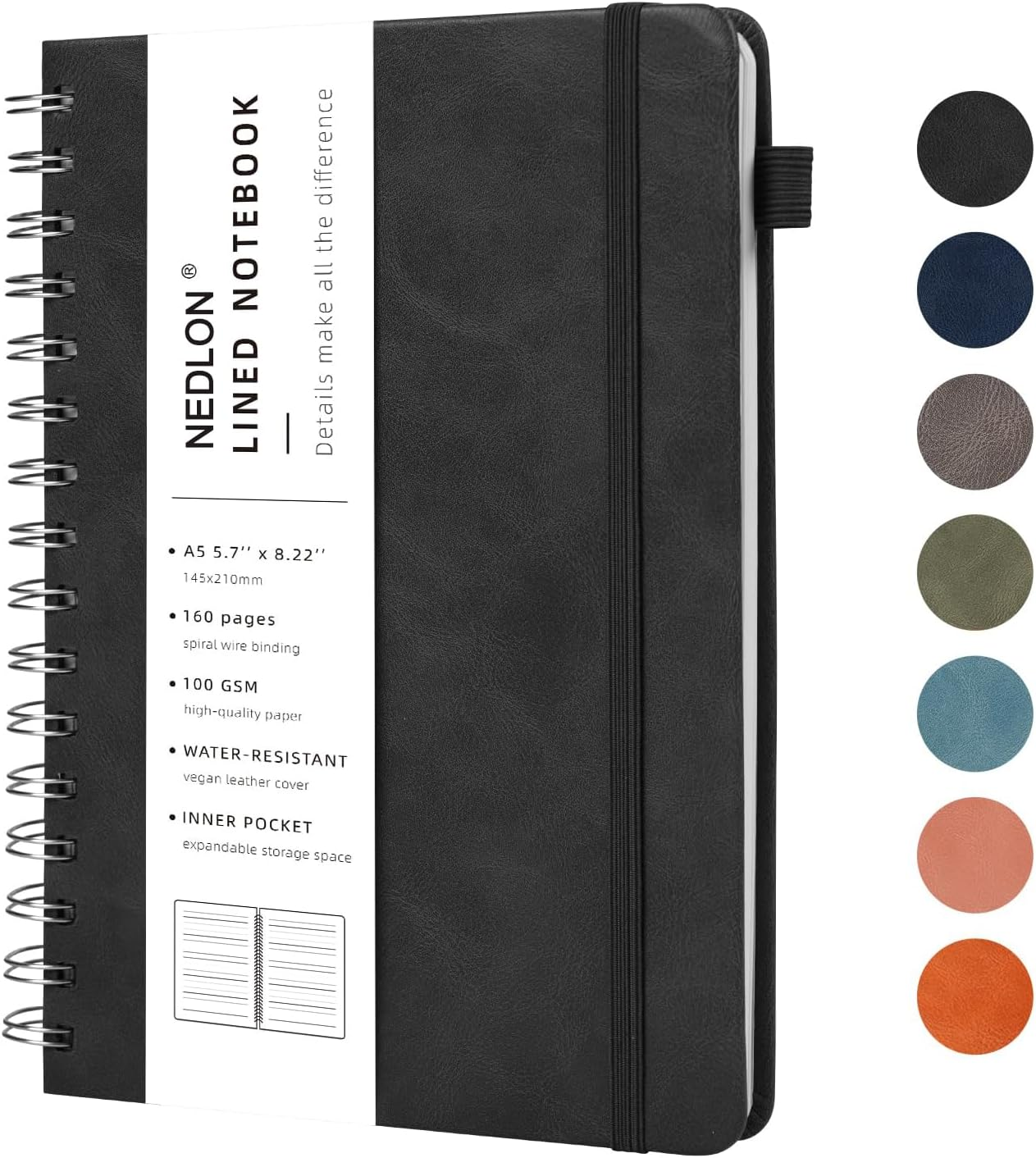 Lined Spiral Notebook Journal for Women Men 160 Pages A5 College Ruled Hardcover Leather with Pen Holder Notebook Journals for Note Taking Work (Black)