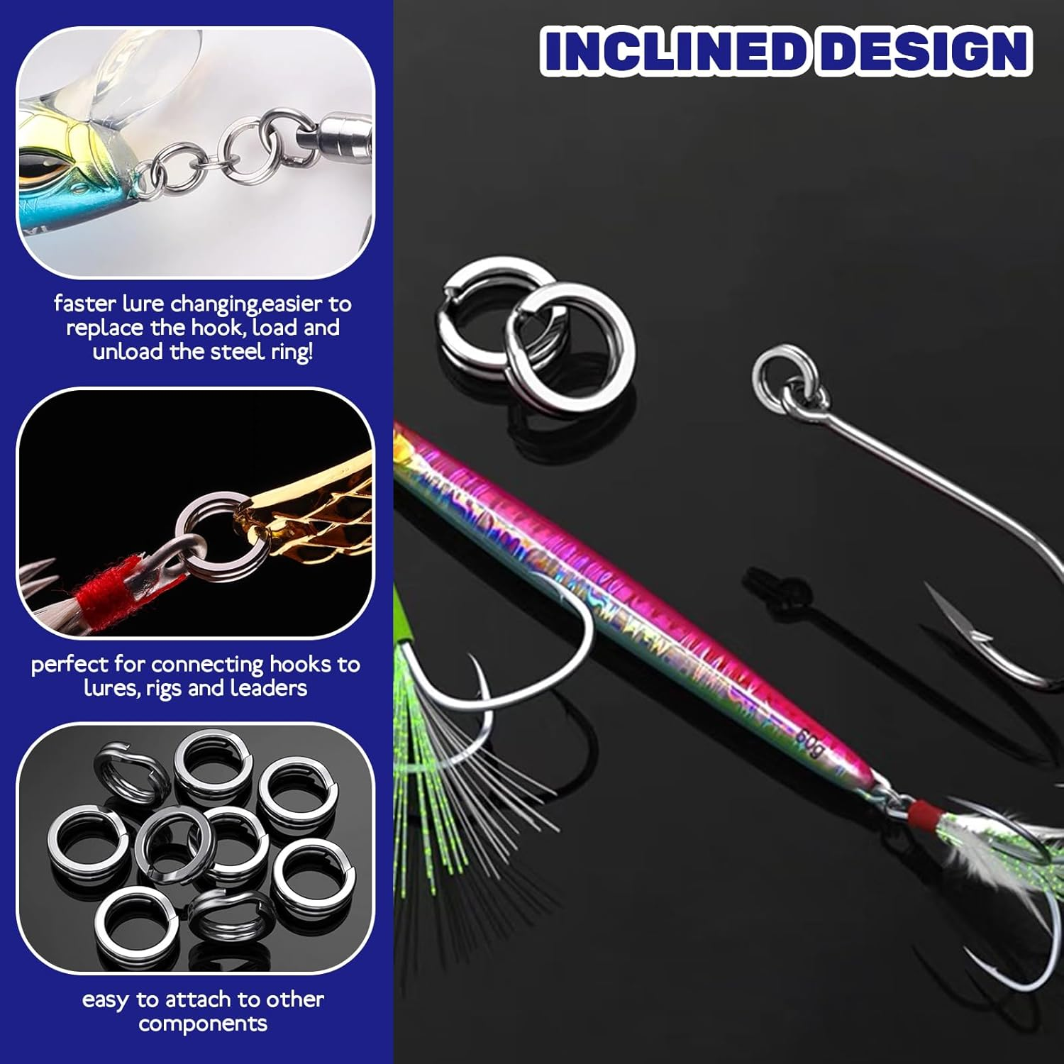 Waltool 5 Sizes Fishing Split Rings Assortment Kit Stainless Steel Double Flat Lure Tackle Connector 30Lb to 120Lb Test for Trolling Jigging Offshore image number 6