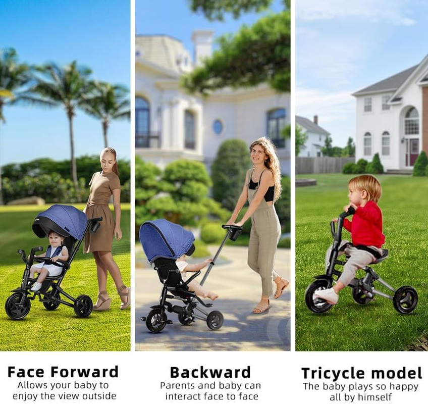 Q Play 6 In1 Kids Foldable Tricycle Toddler Stroller Trike Bike Ride on Toy Nova (Blue)