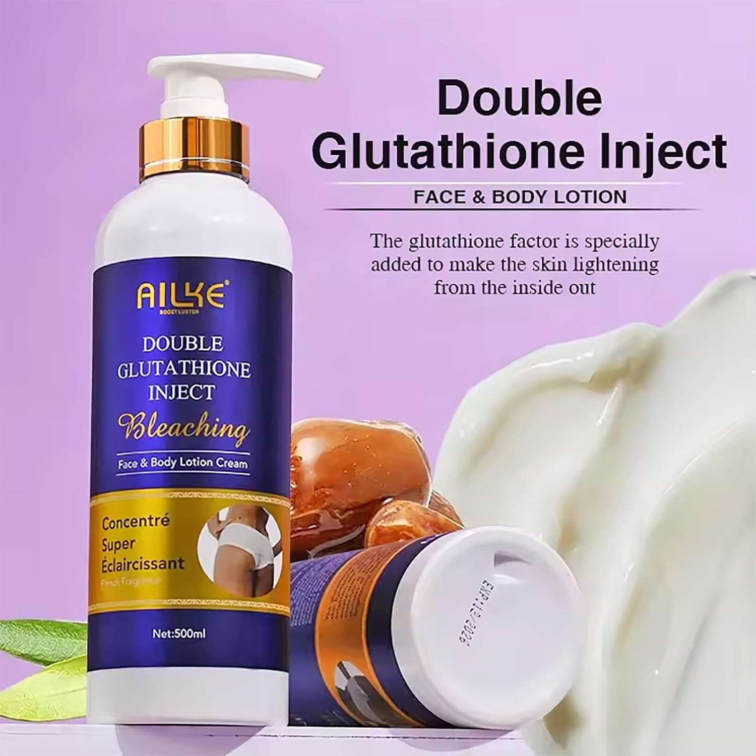 AILKE Double Glutathione Bleaching Body Lotion, Whitening, Even Skin Tone, Remove Dark Spots, with Niacinamide, Arbutin, Perfect for Black, Dark, Caramel Skin, 500Ml (Pack of 1) image number 5