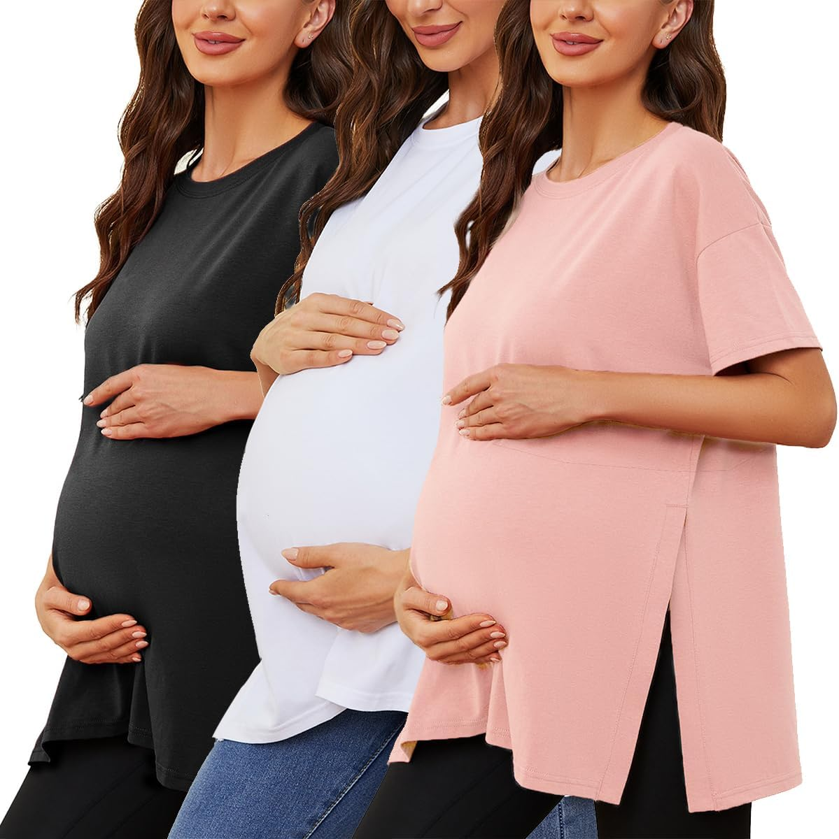 Ecavus Maternity Shirts Long Sleeve Cross V-Neck Comfy Stretchy Maternity Nursing Tops image number 2