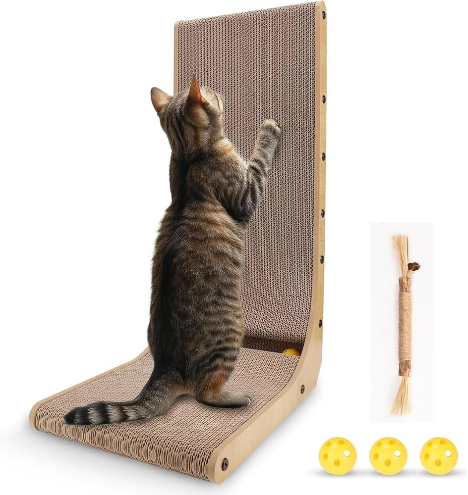 Large Cardboard Cat Scratcher Board, 70 CM L Shape Cat Scratch Pad Wall Mounted,Cardboard Cat Scratcher for Indoor Cats with Ball Toys image number 6