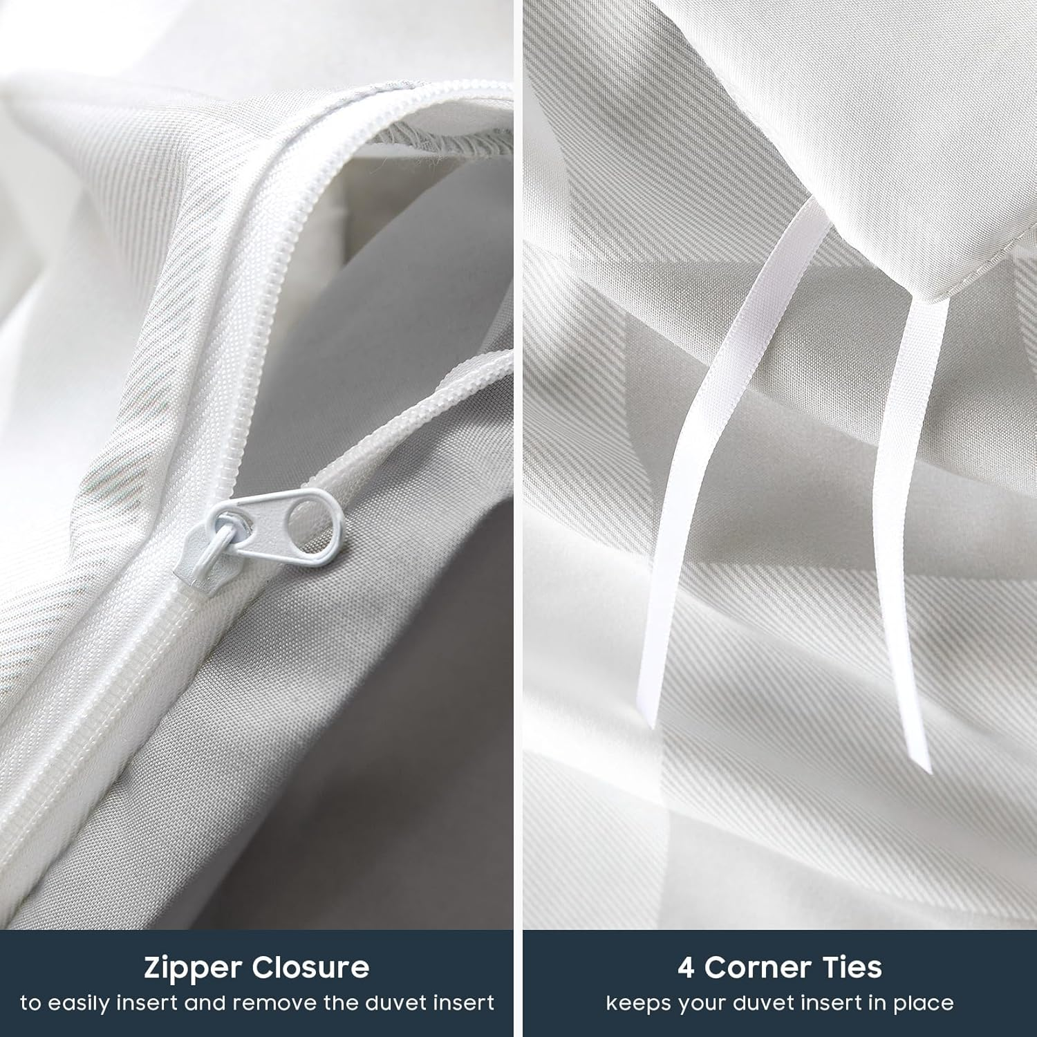 Wake in Cloud - Gingham Quilt Cover Set, Plaid Buffalo Checked Pattern Printed, 1000TC Ultra Soft Microfiber Doona Duvet Cover Bedding, 3 Pieces, Light Grey White, Queen Size image number 6