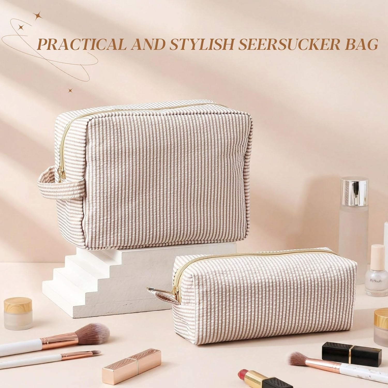Sanwuta 2 Pcs Makeup Bag Set Seersucker Cosmetic Bag for Women Cute Stripe Travel Toiletry Organizer Aesthetic Preppy Storage Pouch for Girls Wedding Bridesmaid Valentine'S Day Gifts, Brown - Brown image number 3
