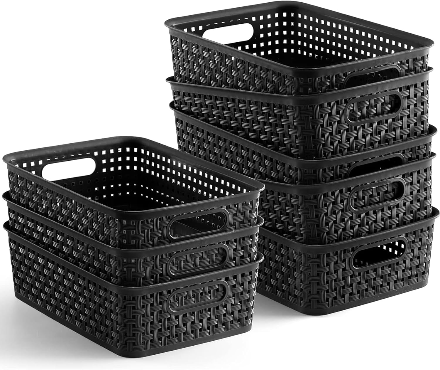 8 Pack Plastic Storage Baskets Set of Stackable Weave Baskets Sturdy Storage Containers with Handle for Shelves, Desktops, Cabinets, Bedrooms, Office (Black - 8 Pack) image number 1