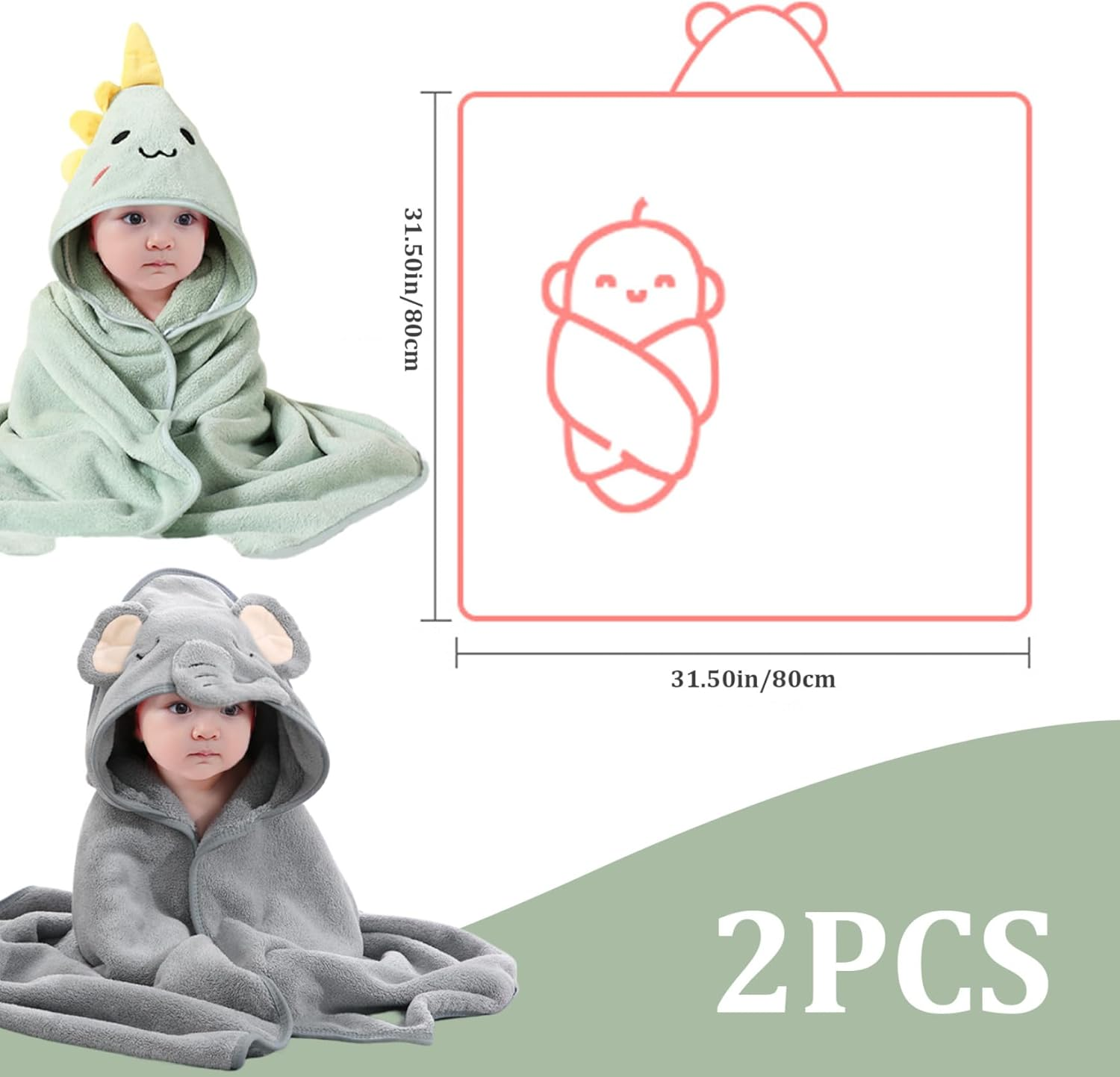 Baby Hooded Towels 2Pcs 32X32'' Soft & Absorbent Kids Bath Towel with Cute Dinosaur Design - Swimming Bathrobe Gifts for Boys Girls Toddlers image number 1