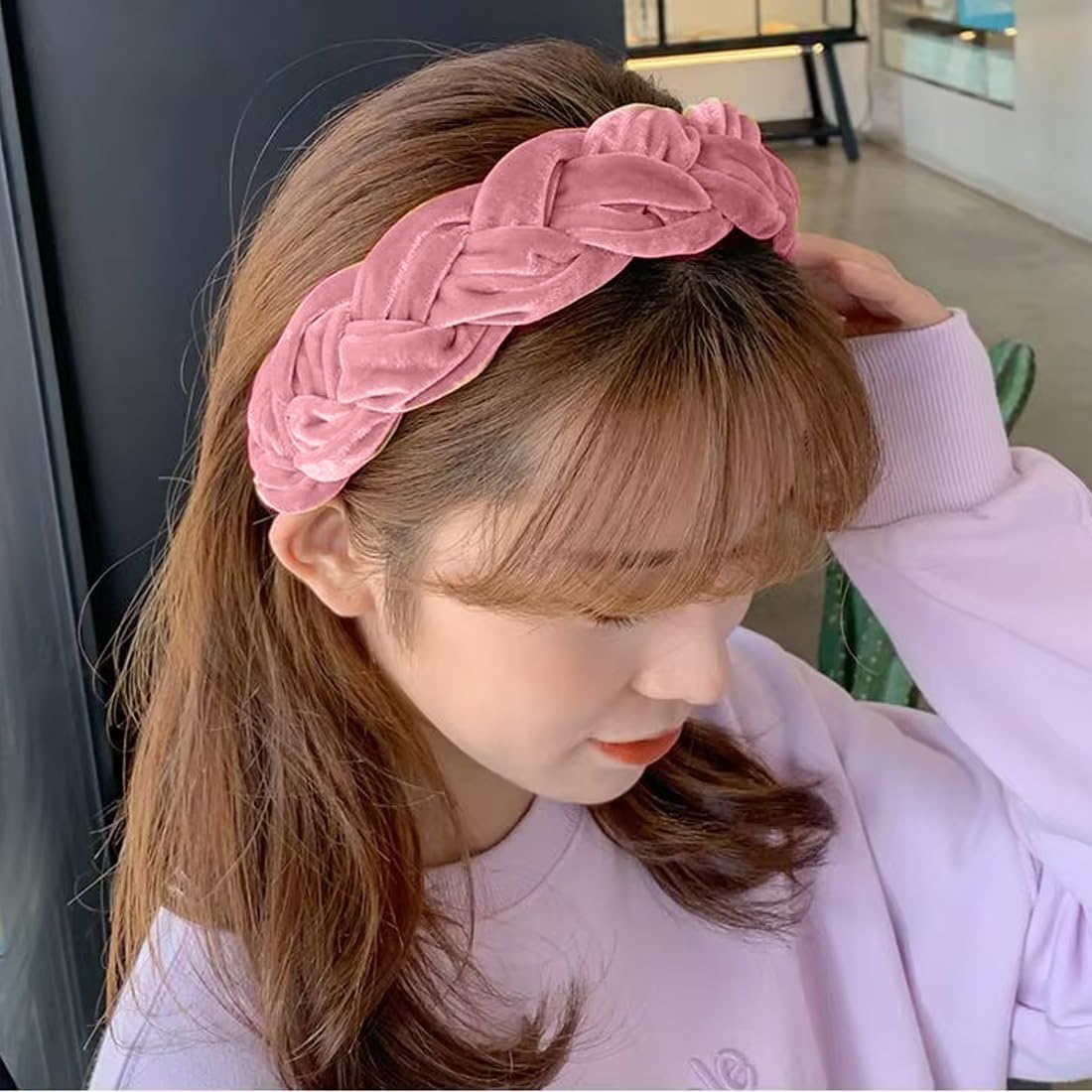 YUZNA Women'S Dirndl Velvet Braided Headband Pink Costume Headband Wide Oktoberfest Hair Accessories image number 2