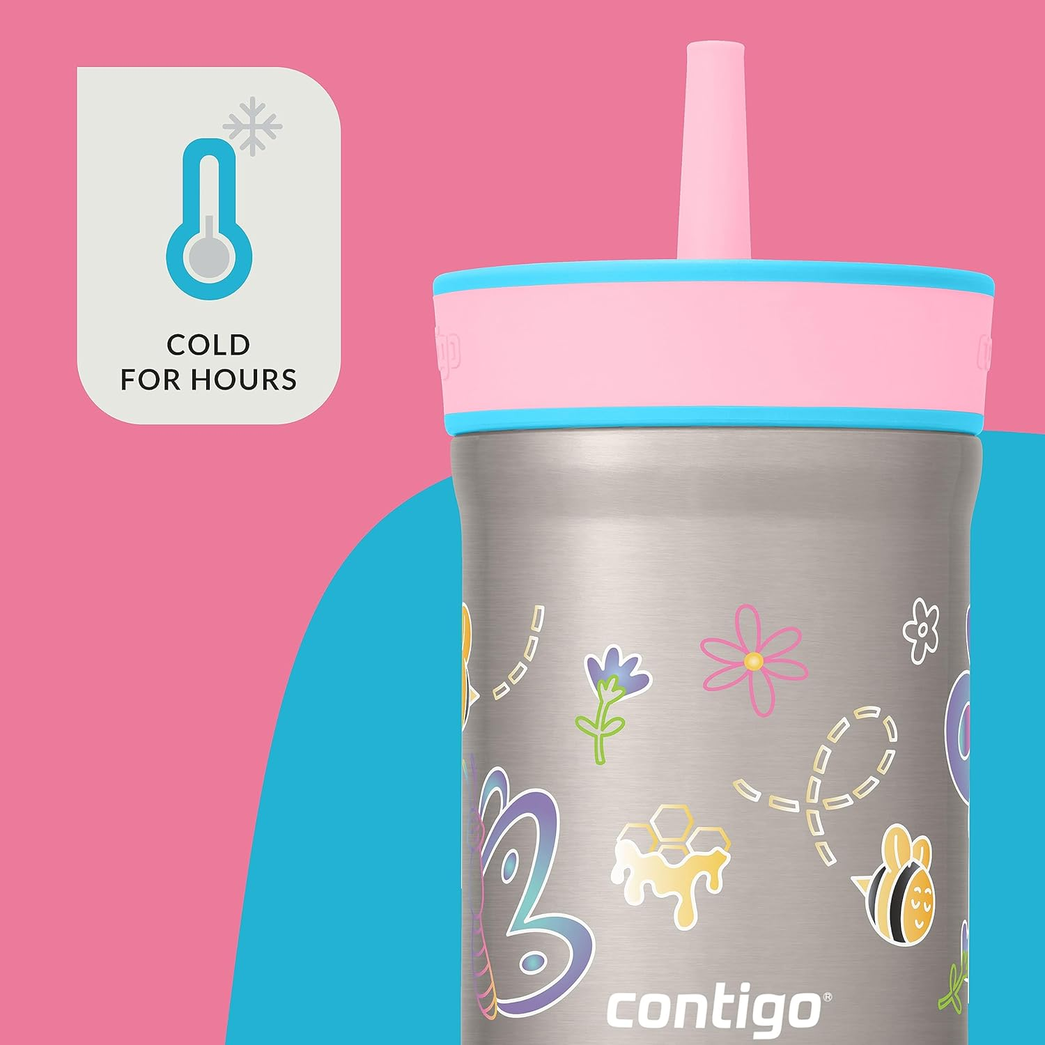 Contigo Leighton Vaccum-Insulated Kids Water Bottle with Spill-Proof Lid and Straw, 12Oz Stainless Steel Water Bottle with Straw for Kids, Keeps Drinks Cold up to 13 Hours, Raspberry/Azalea - Raspberry/Azalea (Butterflies  Honeybees Gfx) image number 6