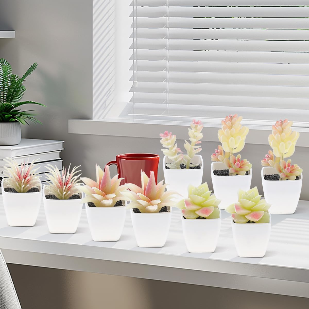 9 Pcs Artificial Succulents Plants in White Pot Small Fake Succulent Echeveria DIY Home Office Indoor Bathroom Living Room Decoration image number 5