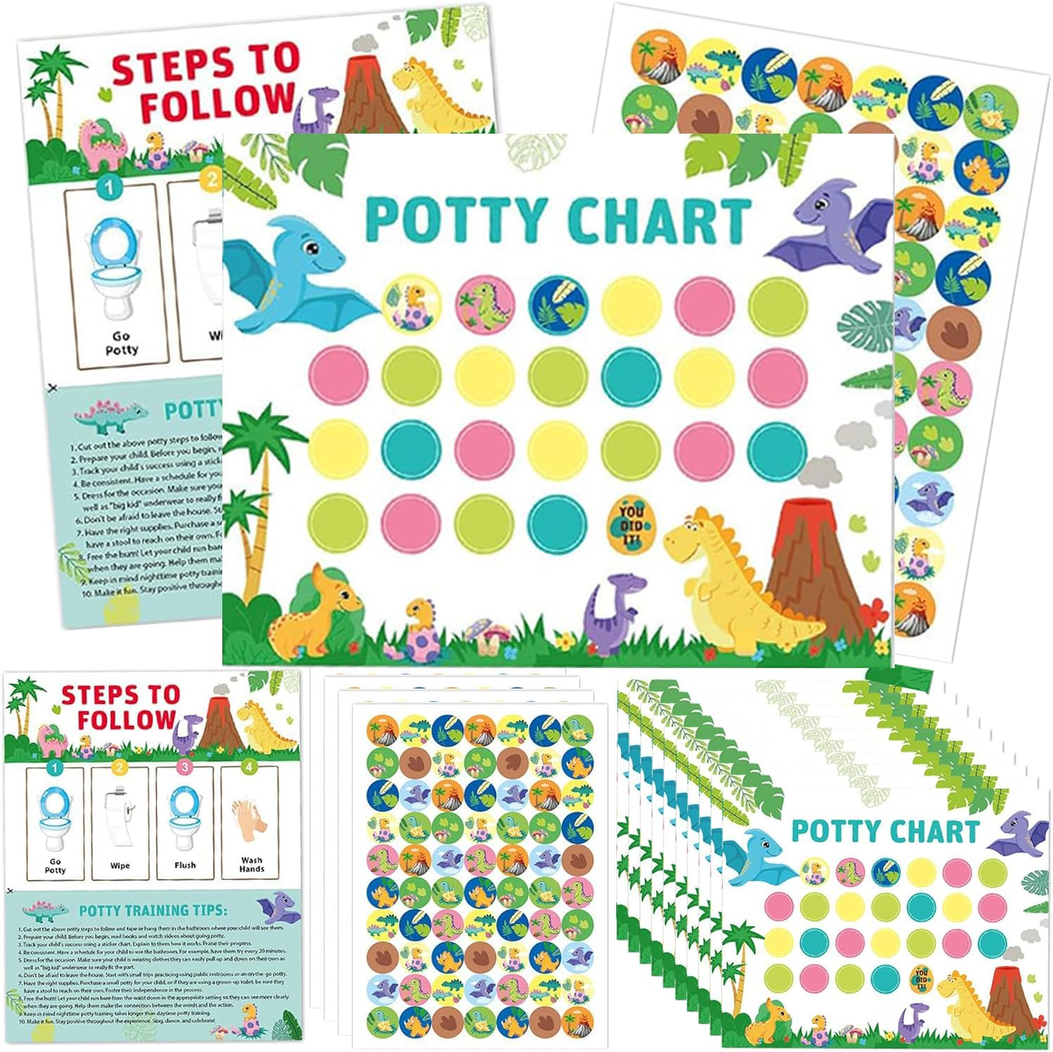 IONPSHG Potty Training Chart for Toddlers Boys & Girls Cartoon Potty Chart with Stickers Toddler Potty Training Sticker Chart for Toilet Training Kids Rewards Chart for Reward Chart on Wall Bathroom (Dinosaur) image number 3