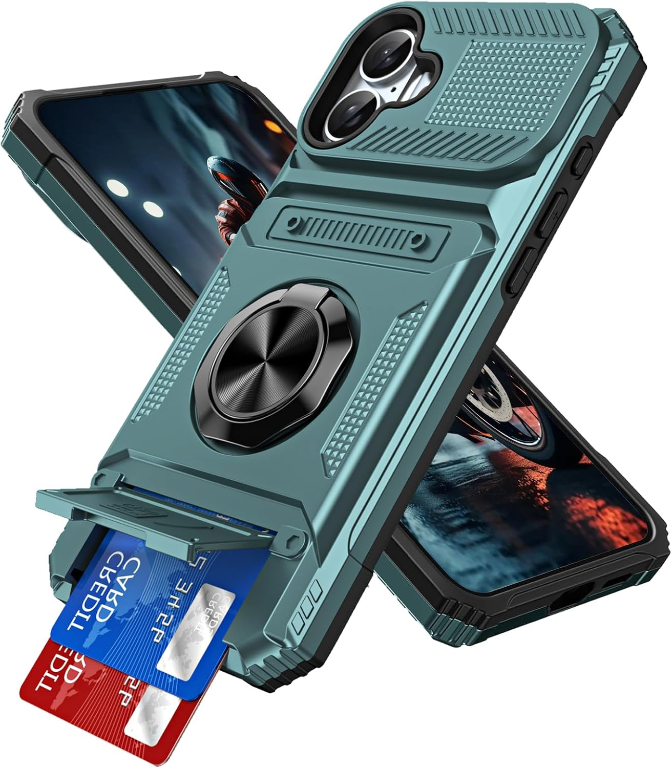 QIWEIQING Case for Iphone A, Military-Grade Shockproof Built-In Kickstand Phone Case Slide Camera Cover Removable Card Holder Anti-Scratch Rugged Bumper Cover for Iphone A. Black LM