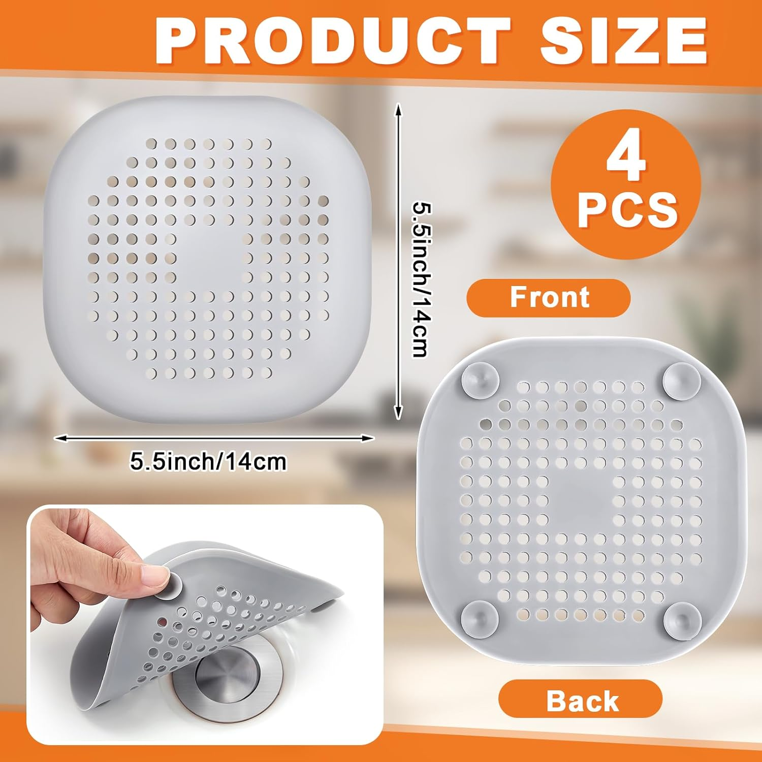 Flutesan 4 Pcs Hair Catchers Square Hair Drain Cover for Shower Bath Plug Sink Catcher Hair Soft Silicone Stopper with Suction Cup Easy to Install for Bathroom Bathtub, Kitchen, Floor Laundry (Gray)