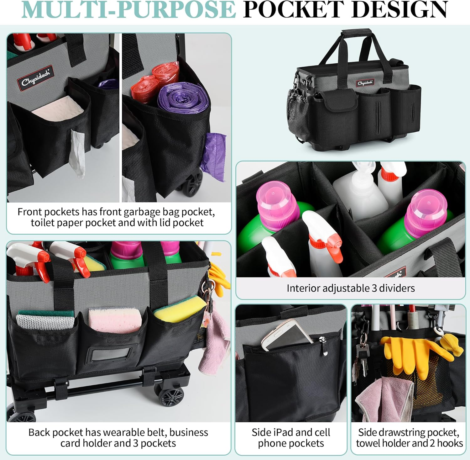 Chyaidach Rolling Cleaning Caddy, Cleaning Supplies Organizer with Trolley, Wearable Cleaning Tote Bag on Wheels with Hard Bottom, Cleaning Carts for Housekeepers/Home/Car/Office/Picnic (Grey) image number 4