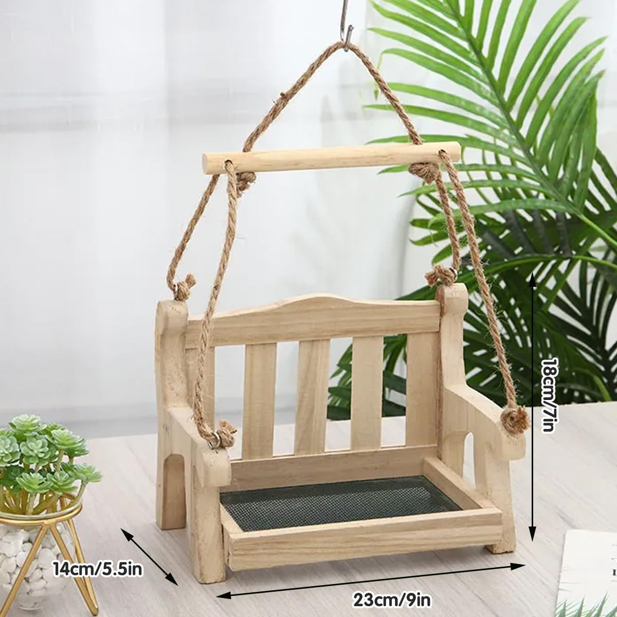 AIMALL Outdoor Wooden Bird Feeder 5.5X9X7 Inches, Hanging Swing Design Feeder for Garden, Patio, and Balcony, Natural Wood Hummingbird Feeder