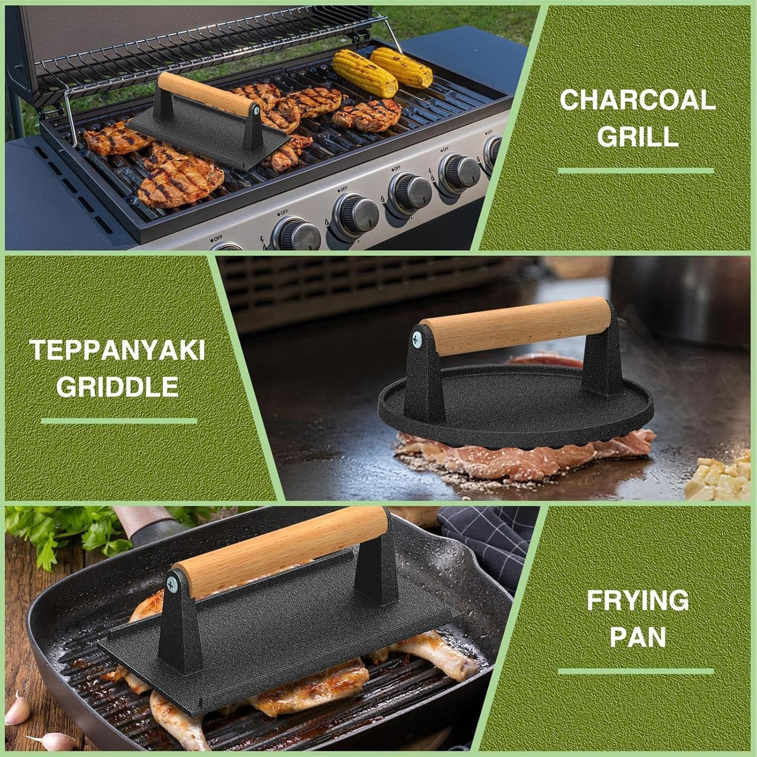 Burger Press, 17.8Cm round & 21Cmx11Cm Rectangle Heavy-Duty Cast Iron Smash Bacon Press, Heat Proof Wooden Handle Bacon Meat Grill Press for Griddle, Nonstick Pan, BBQ, Flat, Teppanyaki image number 6