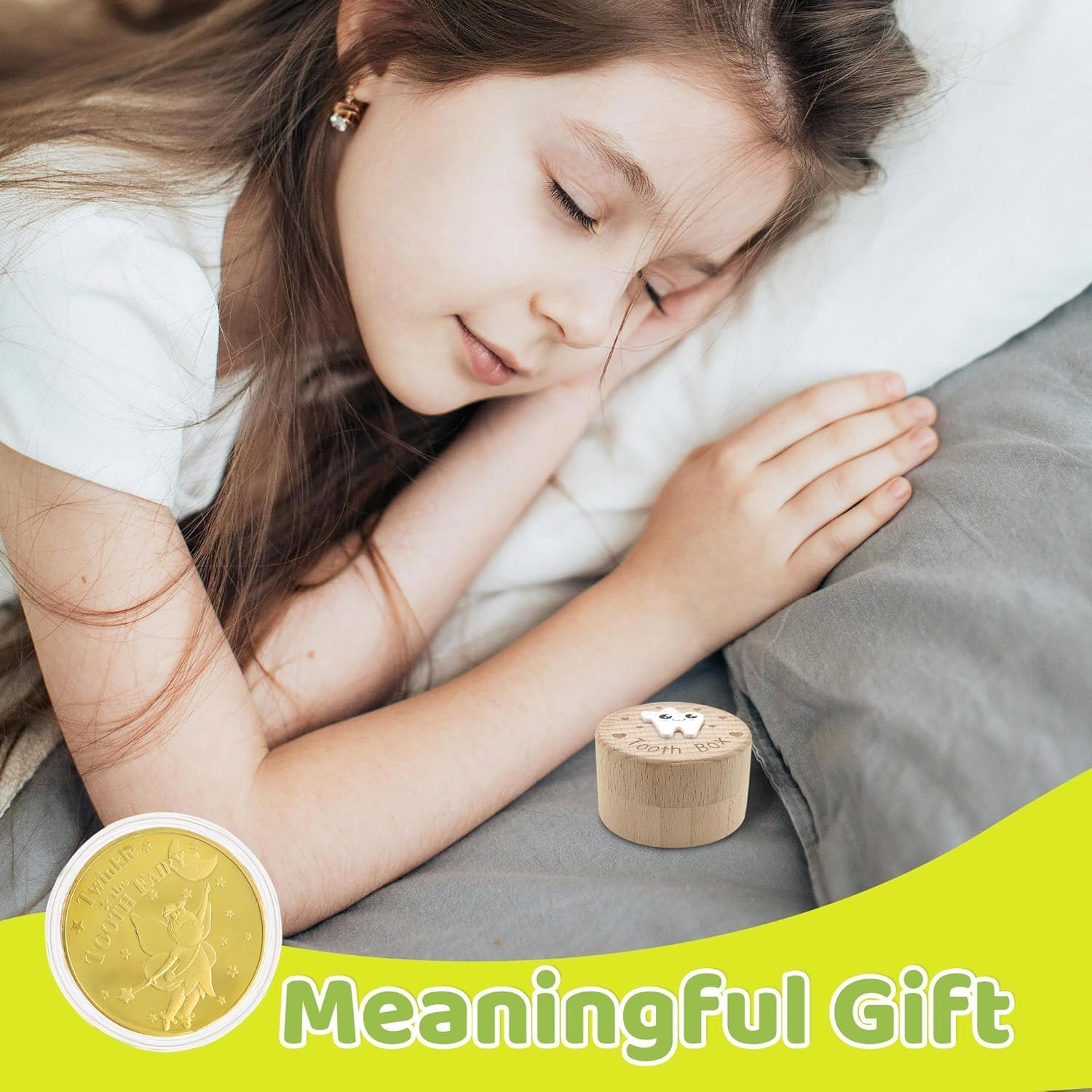 Wooden Tooth Fairy Box, Cute Tooth Fairy Tooth Holder, Tooth Fairy Kit with Tooth Fairy Coin and Transparent Storage Box, 3D Carved First Tooth Keepsake Box for Lost Teeth