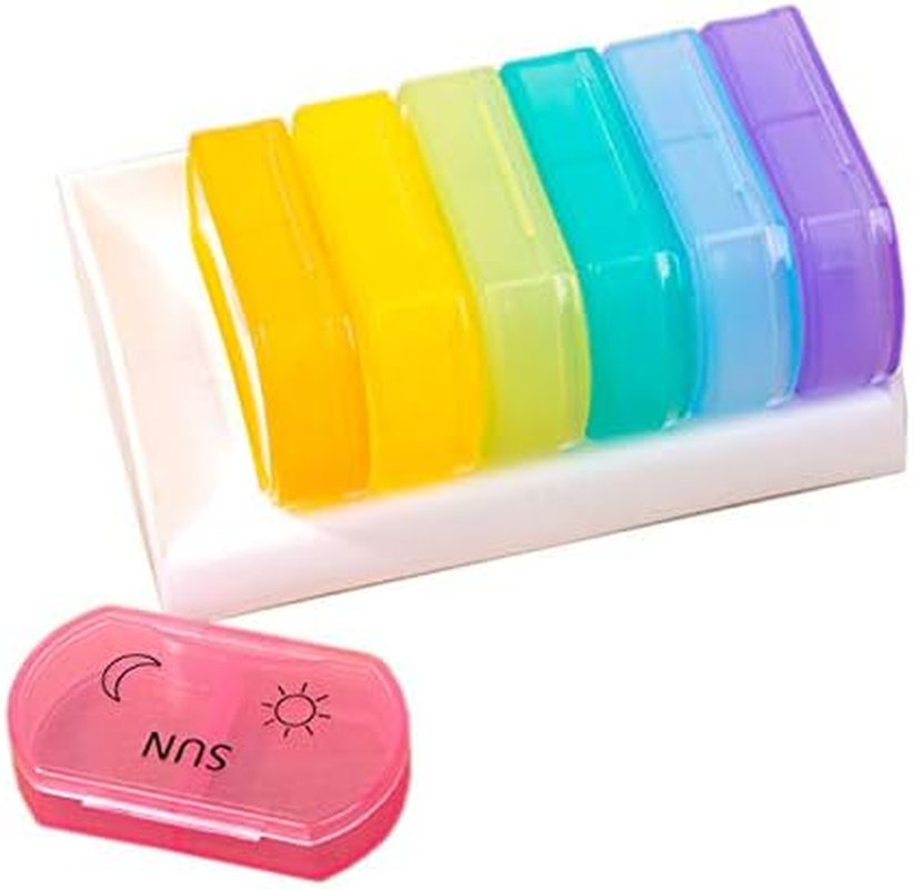 Pill Box for 7 Days, Pill Box with 2 Compartments (Rainbow)